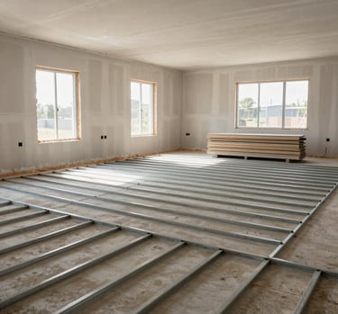 Wide environmental shot of a clean drywall framing interior mid-progress, metal studs aligned in precise rows across a gutted room, north-facing daylight streaming through unfinished window openings, dust barriers sealed at room edges, materials stacked flat against the far wall, no workers present – the site documents itself
