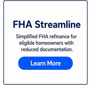 FHA Streamline refinance graphic for eligible homeowners with reduced documentation and a Learn More button.