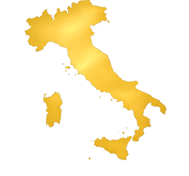 A shimmering gold map of Italy with Sicily and Sardinia on a solid black background.