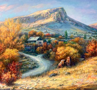 Armenian village landscape painting by Meruzhan Khachatryan featuring rural scenery and mountain vie