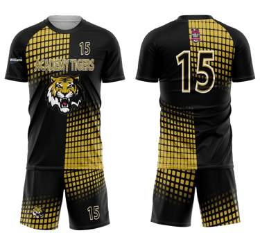 a soccer jersey with a tiger head and a gold and black jersey