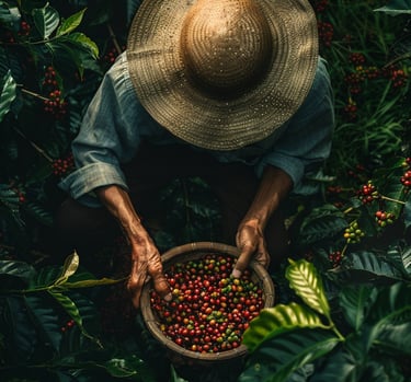 Agricultor colombiano recolectando granos de café en un cultivo sostenible, representando el trabajo