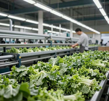 Close-up of healthy green crops growing in neat rows under the sun, symbolizing fresh agro production.