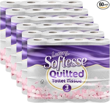 A bulk 60-pack of Softesse Quilted 3-ply luxury toilet tissue rolls with cherry blossom packaging.