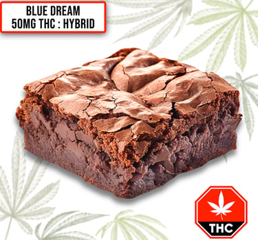 A 50mg THC Blue Dream hybrid cannabis brownie edible with a fudgy chocolate texture.