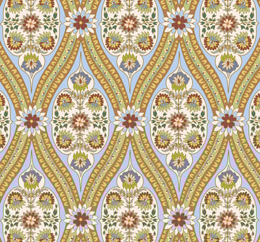  Ornate damask pattern with stylized florals in a vertical ogee repeat, soft blue and gold