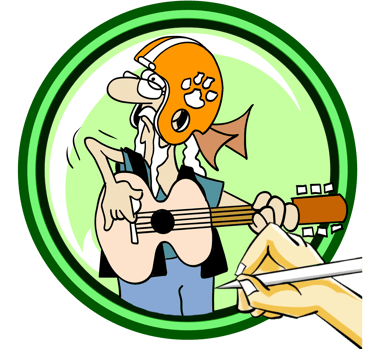 Cartoon of Christian biker with football helmet playing a guitar.