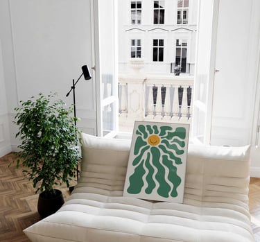 Green smiling sun retro wall art with playful abstract sunshine design