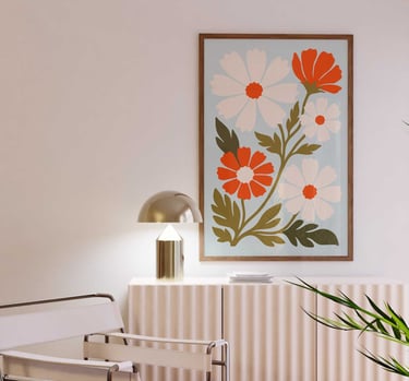 Mid century modern cosmos floral wall art featuring bold orange and white flowers