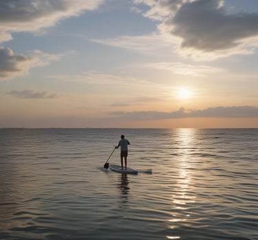 A bright paddleboard resting on the sandy shore with calm marsh waters in the background.