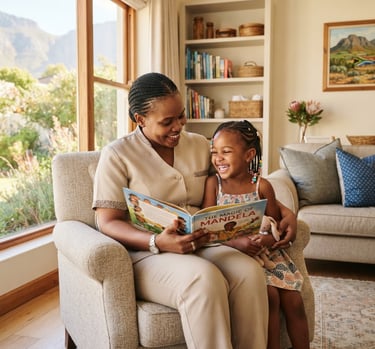 A warm, sunlit South African living room where a professional nanny in a neat uniform is reading a book to a smiling young child, soft natural daylight.
