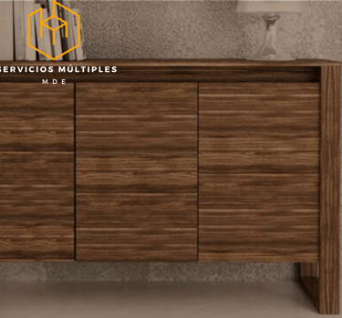 a wooden cabinet with a brown wooden cabinet and a white wall