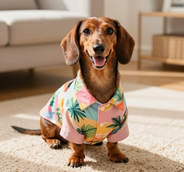 Un dachshund marrón con una camisa colorida de palmeras tropicales sentado en una alfombra 