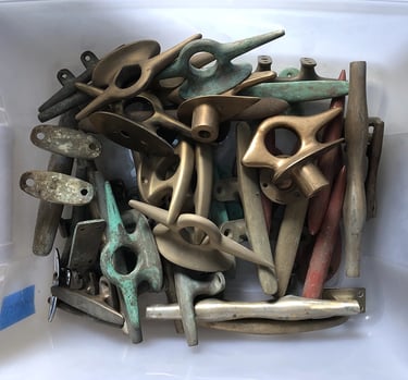 A bin full of marine cleats inside an assemblage artist's studio.