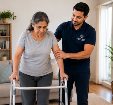 A physical therapist provides neuro rehab support to an elderly woman using a walker at home.