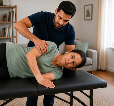 A physical therapist performing a neck and shoulder adjustment on a woman at home.