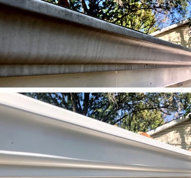 Gutters before and after professional cleaning in Land O' Lakes, FL by Pasco County Pressure Washing