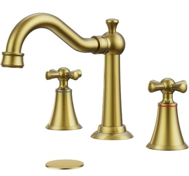 Brushed gold three-hole widespread bathroom faucet with classic cross handles.