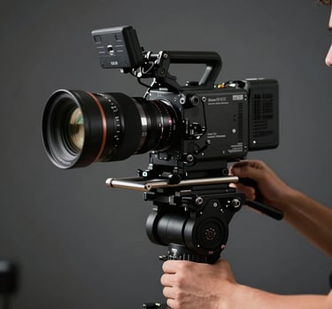 Cinematic close-up of a professional cinema camera lens on a gimbal, focus puller in action, dark studio background with soft gray lighting, minimalist and modern South American professional setting.