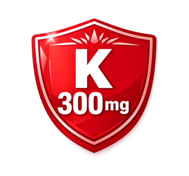 Red glossy shield icon representing a 300mg Vitamin K health supplement dosage.