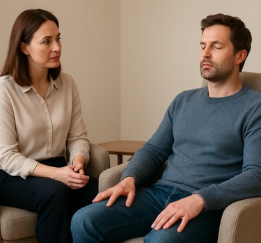 A mental health professional watches a man practice meditation during a therapy session.