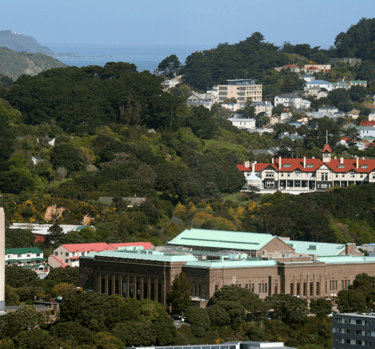 Landscape showing four historic buildings. The en:National War Memorial (New Zealand) (Carillon lower left), en:New Zealand D