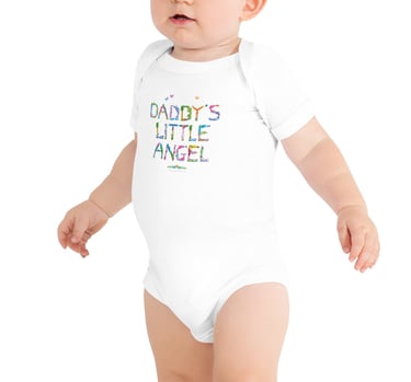 An all in one baby bodysuit with the words Daddys Little Angel printed on in tropical exotic wordart