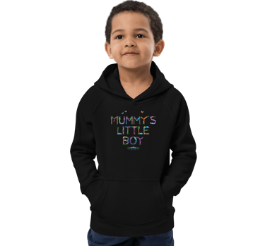 A boy wearing a black hoodie with the words Mummys Little Boy printed on in tropical exotic wordart