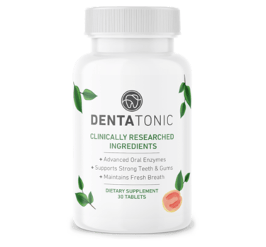 DentaTonic oral health dietary supplement bottle with 30 tablets for strong teeth and gums.