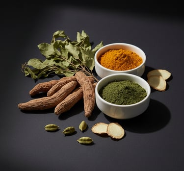 Premium foundational Ayurvedic ingredients including raw herbs, vibrant turmeric powder, and botanic