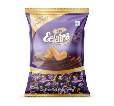 Rich and indulgent packaging design for Rolo Eclair, showcasing creamy caramel and chocolate delight