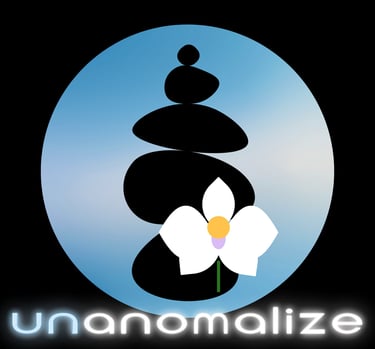 Brand art of unanomalize, full black square, big skyblue circle, name in white & skyblue neon, a black cairn, a white orchid