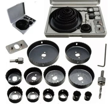 Multi-size carbon steel hole saw kit with drill bit adapter and hex key in a grey carrying case.