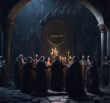 a group of people standing around a table with candles syndicatus token crpyto blockchain