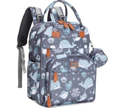 Diaper bag backpack with pacifier holder and quick snap stroller hanging straps