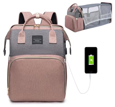 Baby diaper bag backpack with portable crib and changing station.  USB charging port and stroller connecting straps.  