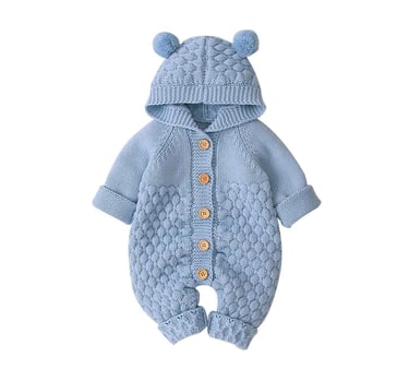 knitted baby romper with ears, blue