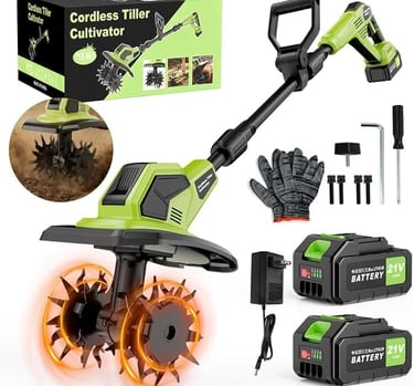 Portable electric cordless tiller cultivator set with 21V batteries, charger, and garden tools.