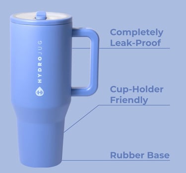 Blue HydroJug leak-proof tumbler with handle and cup-holder friendly rubber base.
