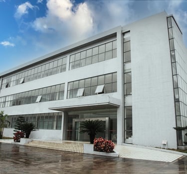 Modern factory facade, using advanced architectural design and materials