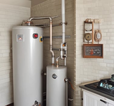Water heater tank and pipes in residential utility room representing water heater services in Snow C