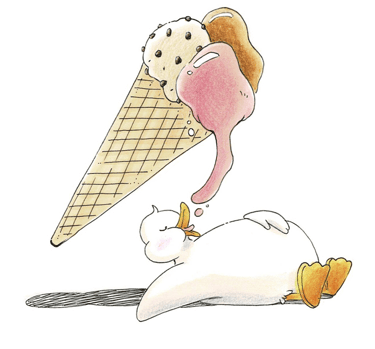 Cute drawing of a white duck lying down under a giant dripping ice cream cone.