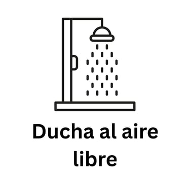Black and white outdoor shower icon with Spanish text Ducha al aire libre.