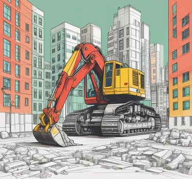 A large-scale construction project is underway, featuring a partially completed building with modern architectural elements. Tall cranes are positioned around the site, and scaffolding is visible on an unfinished structure. The foreground shows a crane vehicle, and the surrounding area is filled with metal beams and construction materials. Leafless trees frame the upper part of the image.