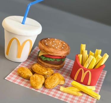Fondant topper showing burger, nuggets, fries and drink