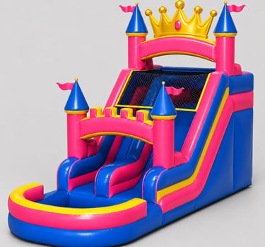 A colorful pink and blue inflatable princess castle water slide with a gold crown for backyard parties.