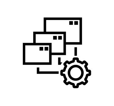 Black line icon showing stacked browser windows and a gear for web management and configuration.