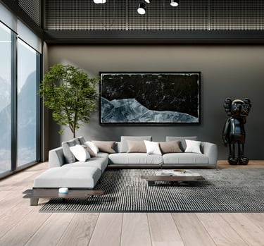 Modern minimalist living room with a grey sectional sofa, KAWS sculpture, and large abstract wall art.