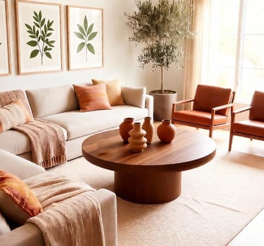 Fresh botanical living room with green accents, potted plants, and light wood furniture