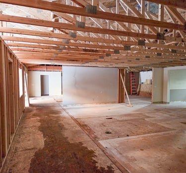 Interior perspective of open-web floor trusses and structural ceiling framing installation.